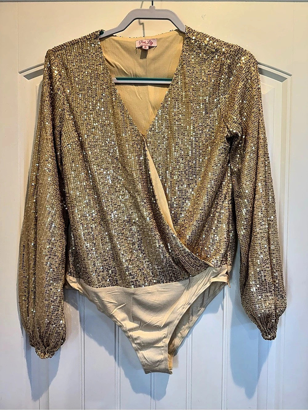 Pink Lily Gold Sequin Wrap Bodysuit
